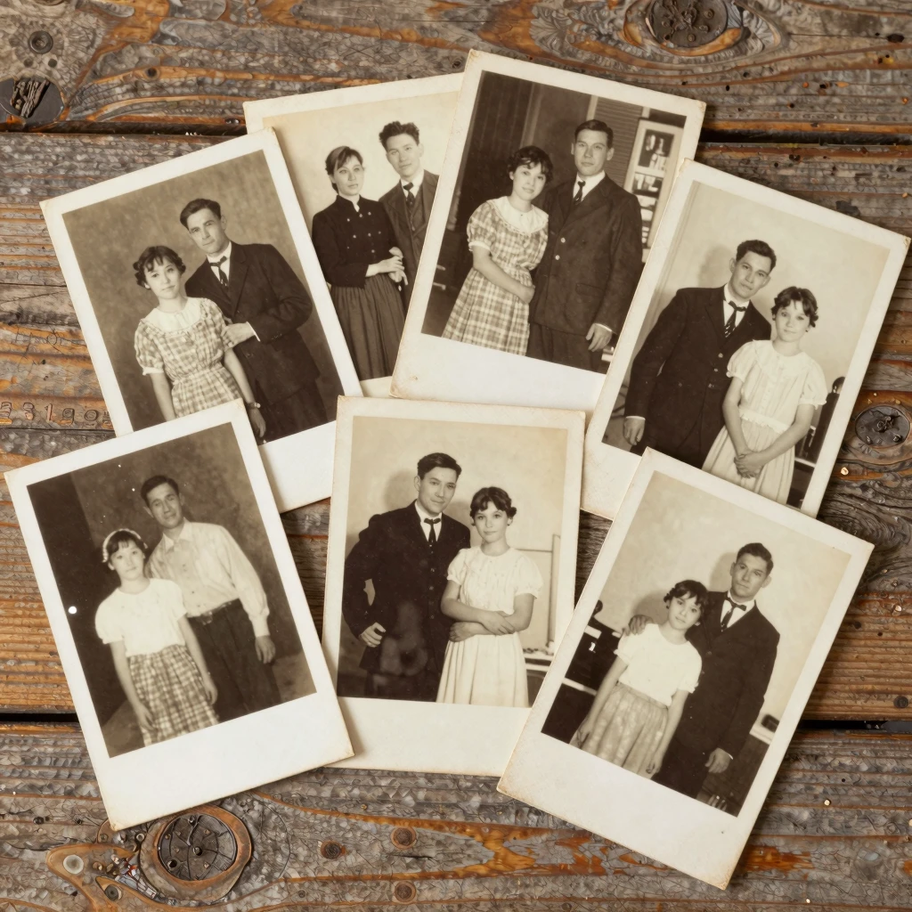 Vintage family photographs scattered on a wooden surface