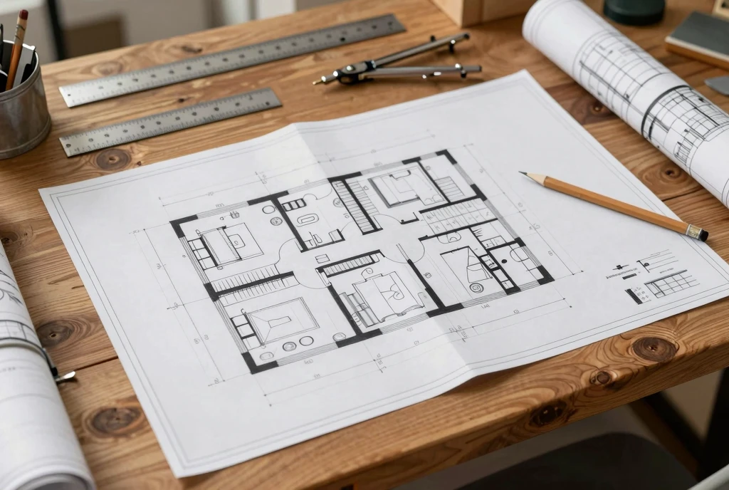 Architectural blueprints and large-format drawings on a desk